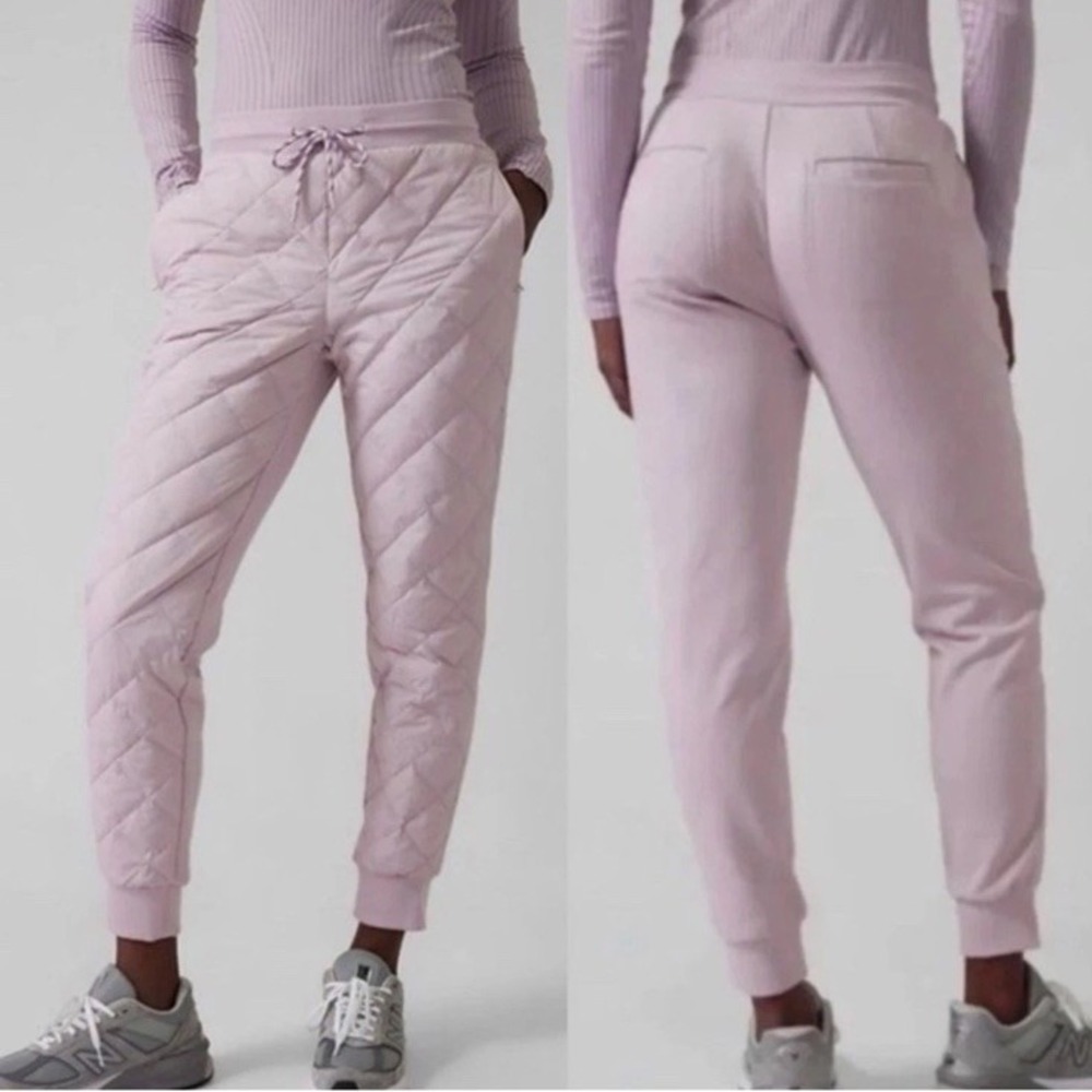 ATHLETA Apres Ski Goose Down Jogger Pants Shasta Purple Lilac Quilted Puffer 8